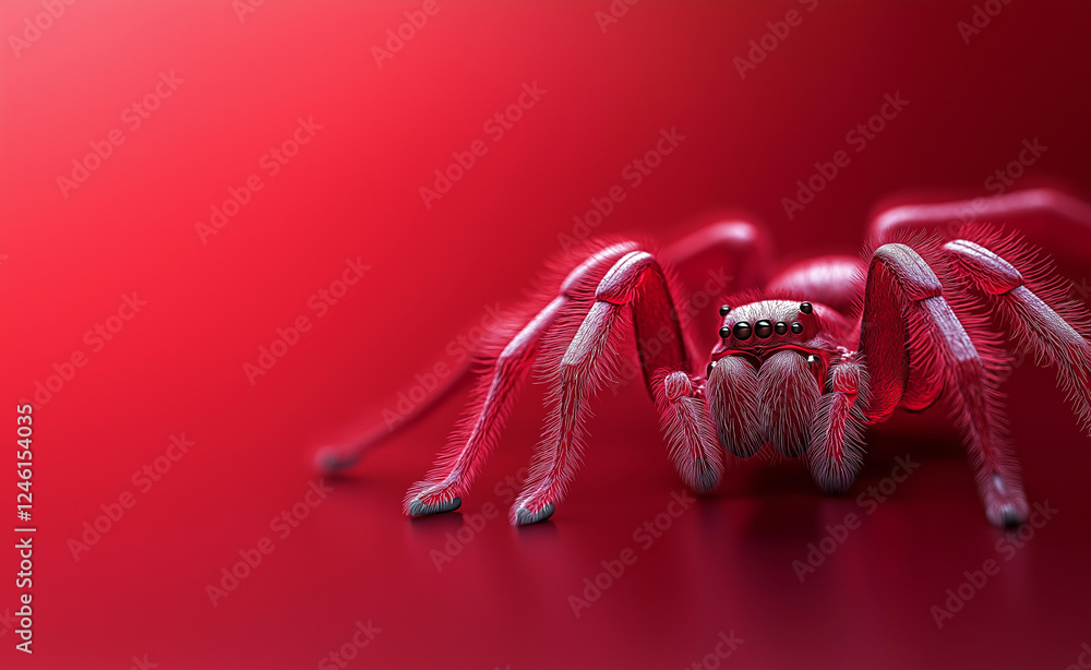 Poster a surreal red spider with a glossy, furry body and sharp fangs crawling against a deep red backgroun