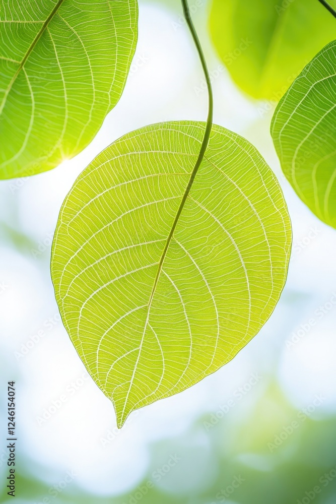 Poster macro view of vibrant green leaf with intricate vein structures sunlight filtering through creating 