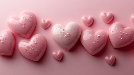 Fototapeta premium Pink Glossy Hearts Romantic Valentine Background Design Love Love Shiny Sweet Candy Pastel Desire 