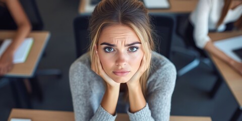 Stressed Student With Worried Expression During Exam, Feeling Overwhelmed and Anxious