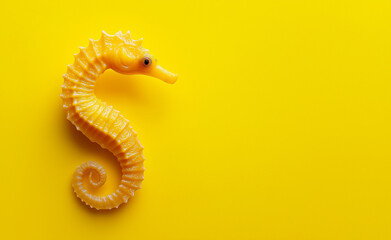 Fototapeta premium A bright yellow seahorse with an elegant curled tail isolated against a vivid yellow background.