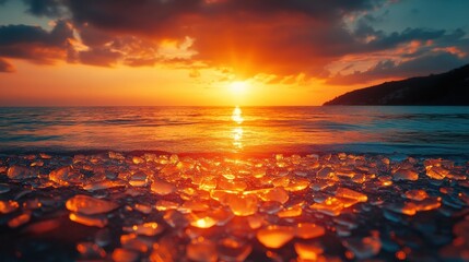 Obraz premium broken glass on the background of the sea and the sunset
