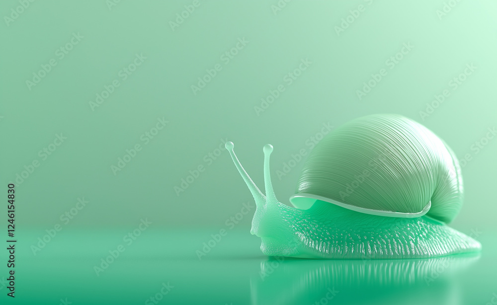 Poster a soft green snail with a smooth, glossy shell crawling on a reflective surface against a green back