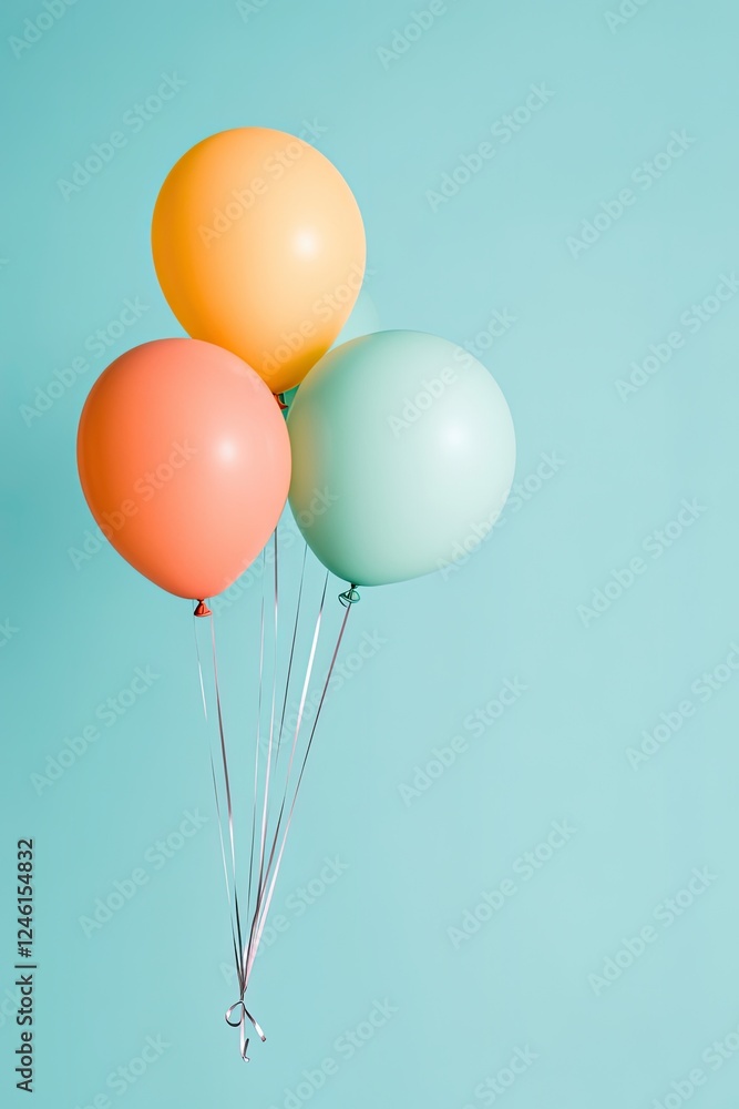 Poster minimalistic scene featuring colorful birthday balloons floating gently against clean solid color ba