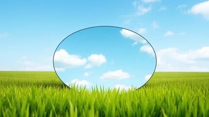 Green spring field with a cloudy sky reflection in an oval mirror.