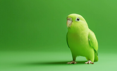 A bright green parrot with a curious gaze standing against a vivid green background.