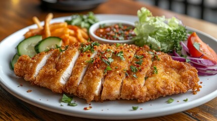 A plate of crispy fried fish fillet with sides of vegetables, fries, and dipping sauce.