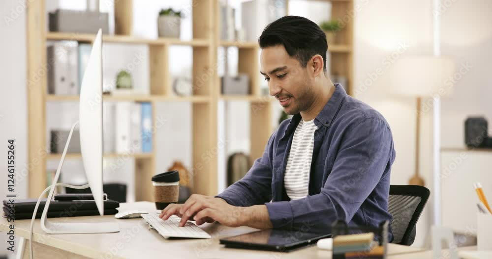 Aufkleber Email, businessman at desk with computer and typing online article, creative review or digital networking. Writing, ideas and happy man in office working on business feedback report on development.