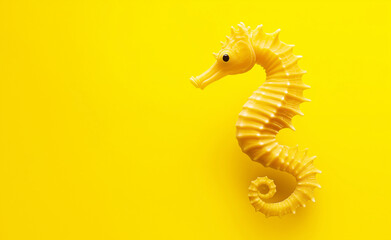 Fototapeta premium A bright yellow seahorse with an elegant curled tail isolated against a vivid yellow background.