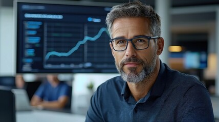 A professional man with glasses looks confidently at the camera, with a data graph displayed behind him, indicating growth and analysis in a modern office setting.