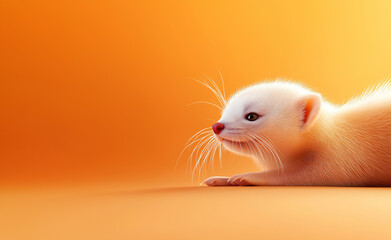Fototapeta premium A fluffy white ferret with a playful expression stretching on a warm orange background.