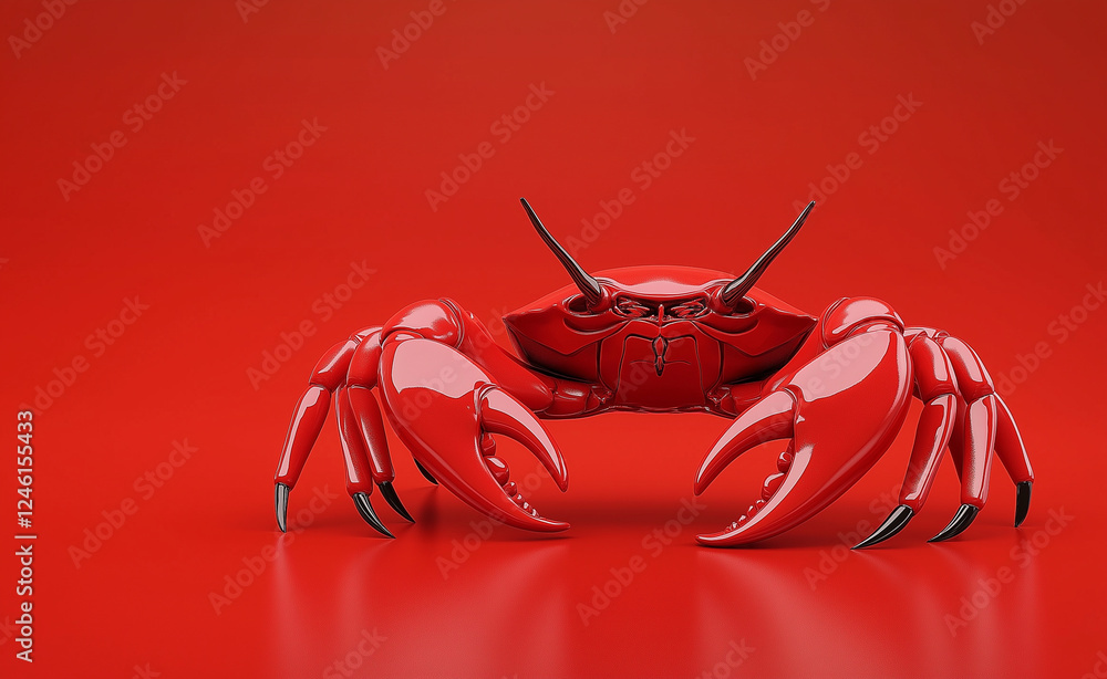 Poster a shiny, red, robotic-looking crab with sharp claws set against a bold red background.