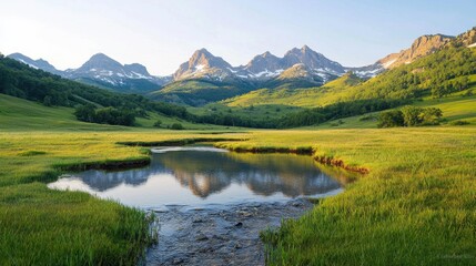 Mountain valley sunrise, calm stream reflection, summer meadow