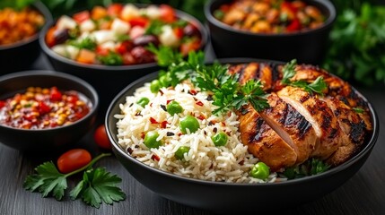 Grilled chicken and rice bowl with fresh vegetables gourmet kitchen food photography modern dining space close-up shot culinary artistry