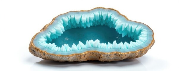Obraz premium Geode with aquamarine crystals on white background, geodes, crystals formation, geological crystals