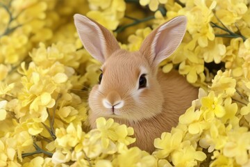 Adorable baby bunny relaxing in a bed of yellow flowers