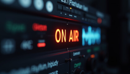 Close-up of "ON AIR" indicator light in broadcast control room for radio station