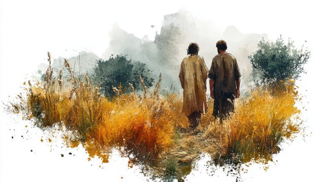 cain and abel digital watercolor illustration