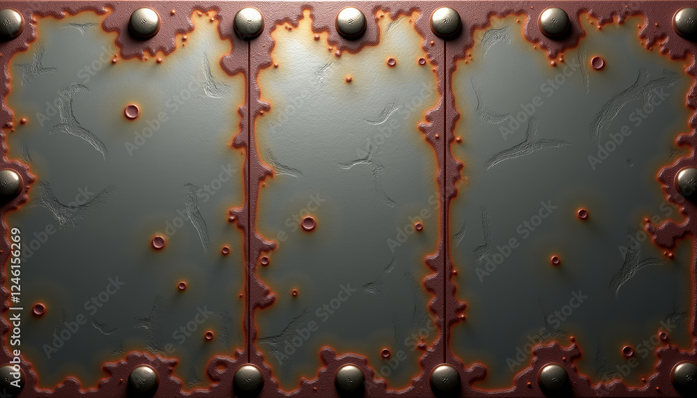 Poster metallic rivet texture with a rugged surface and rust accents