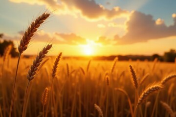 Naklejka premium Gentle rustling of wheat in a serene sunset breeze, golden wheat field at sunset, peaceful scene