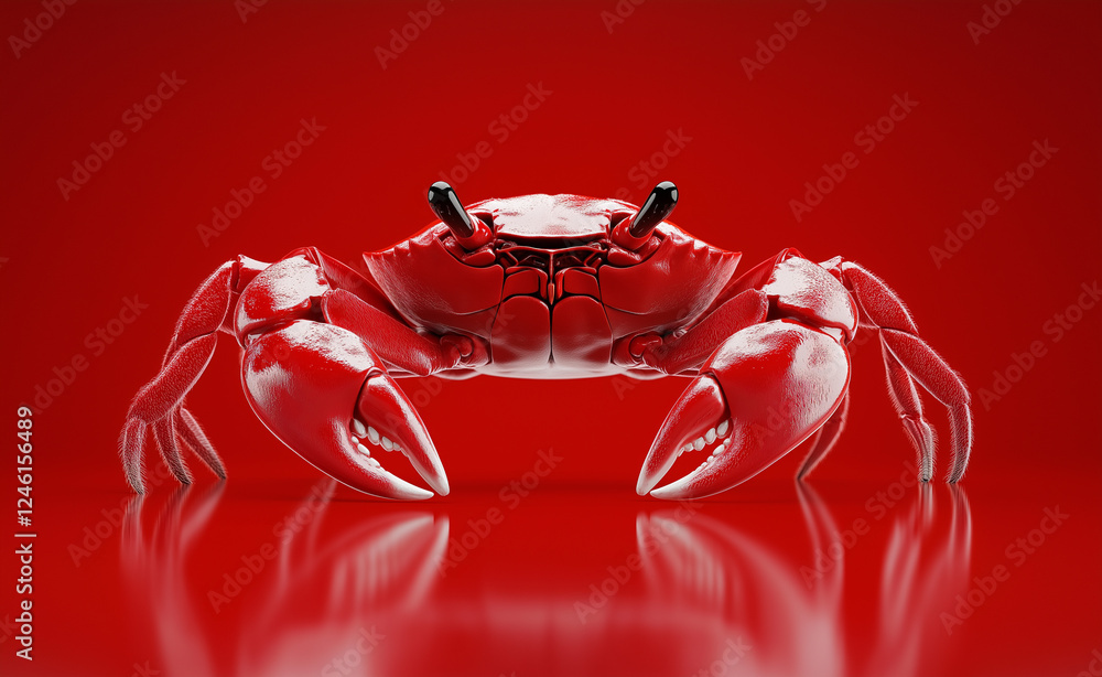 Poster a glossy red crab with sharp claws and a reflective shell standing against a bold red background.