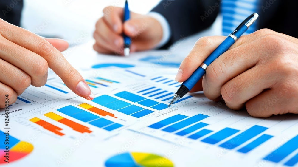 Poster teamwork and data analysis hands analyzing financial charts and graphs during a business meeting.