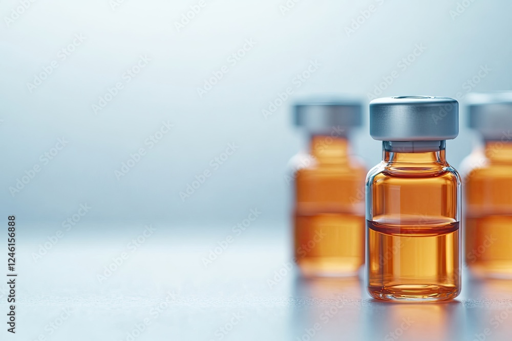 Poster set of neatly arranged vaccine vials with precision-labeled caps illuminated under clinical lighting