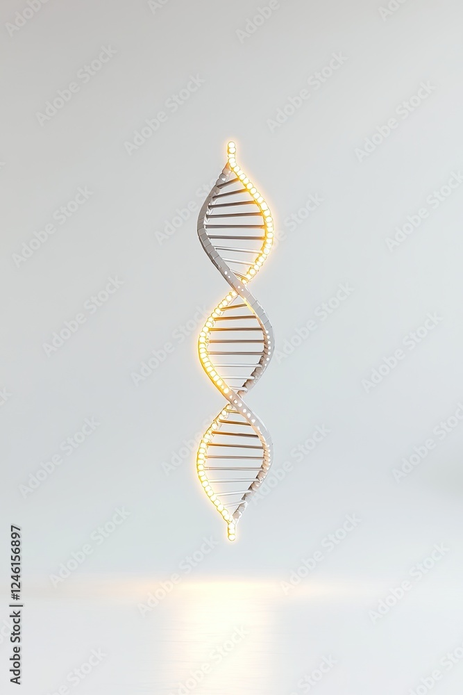 Poster simple glowing helix floating in sterile minimalistic white environment symbolizing essence of dna r