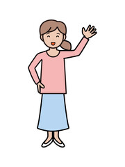 元気に挨拶をする若い女性の全身イラスト