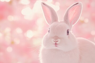 Obraz premium Adorable white bunny posing on a pink background