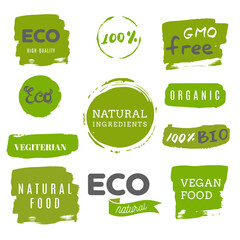 Eco stickers set. Healthy food icons, labels. Organic tags. Natural product elements. Logo for vegetarian restaurant menu. Raster illustration. Low fat stamp. Eco product. Vector illustration