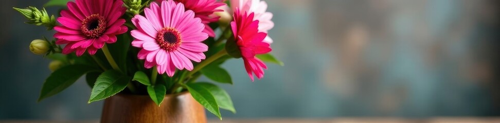 Obraz premium Fuchsia gerber daisy stems with leaves and greenery in a wooden vase, stems, greenery, wooden