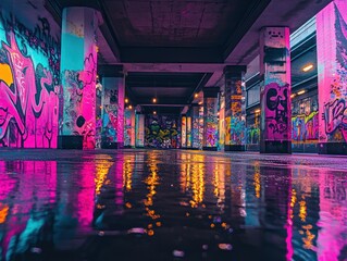 Colorful graffiti tunnel reflection urban art