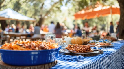 Outdoor feast: a bountiful spread of food at a sunny gathering.