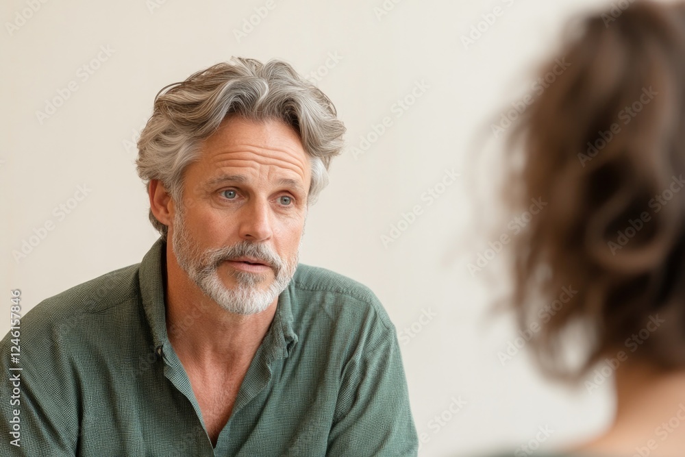 Poster therapist and client in engaging discussion therapist expression showing understanding and encourage