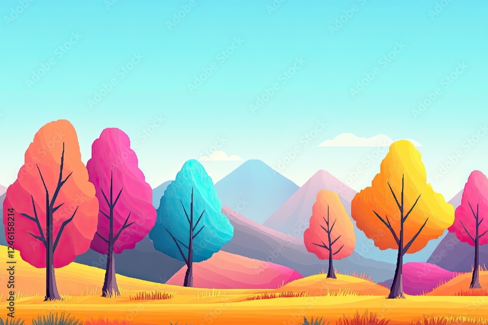 Poster vibrant pixel art landscape featuring retro elements with colorful trees and mountains create nostal