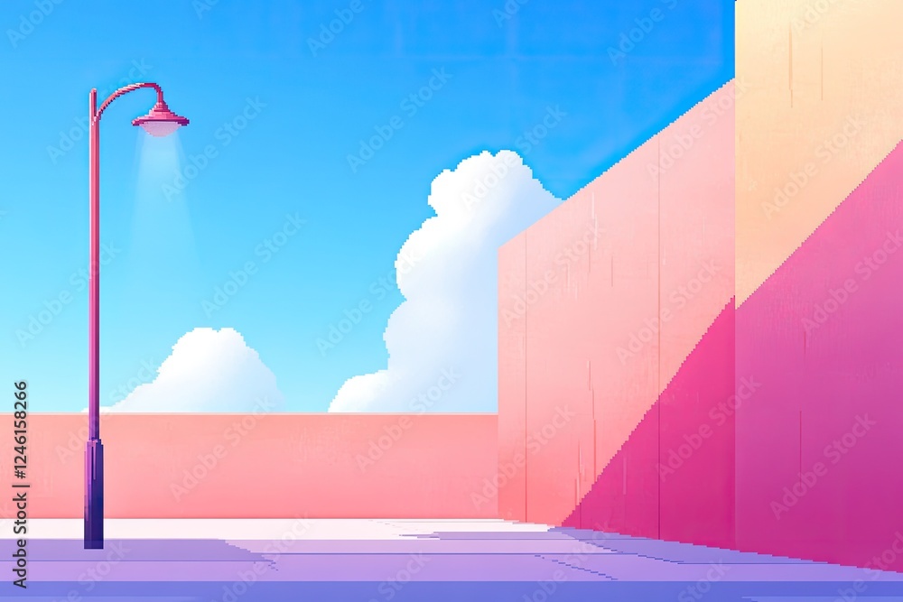 Poster vibrant pixel art scene showcasing retro elements with abstract designs incorporating lively color p