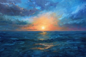 Fototapeta premium Sunset over the ocean creates vibrant sky colors and reflections on calm waters, highlighting serene beauty at the end of the day