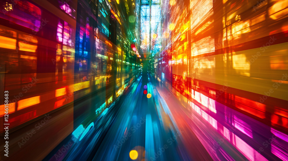 Poster dynamic motion blur of a futuristic corridor with stained glass windows reflecting a spectrum of col