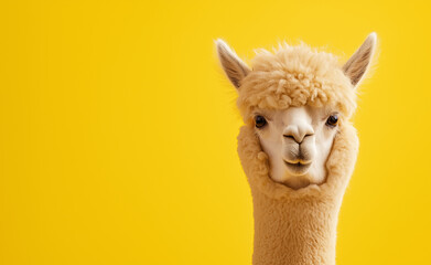 Obraz premium A fluffy alpaca with a soft, woolly coat and a curious expression against a bright yellow background.