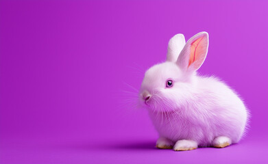 Obraz premium A fluffy white rabbit with soft fur and pink ears sitting against a vibrant purple background.