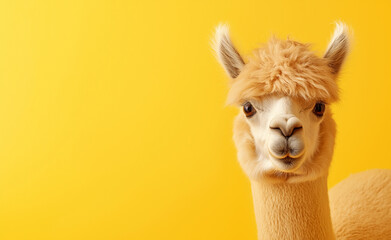 Obraz premium A fluffy alpaca with a soft, woolly coat and a curious expression against a bright yellow background.