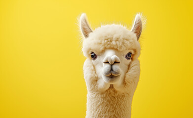Obraz premium A fluffy alpaca with a soft, woolly coat and a curious expression against a bright yellow background.