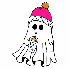 This is a pixel design illustrating a Halloween ghost drinking juice, combining spooky and playful elements, representing fun, festivity, and the spirit of Halloween celebrations.