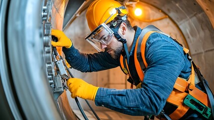 Professional engineer working inside a wind turbine nacelle wearing full personal protective equipment PPE including a harness and safety belt