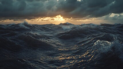 North Sea coast in a storm with dark waves and a dramatic sky
