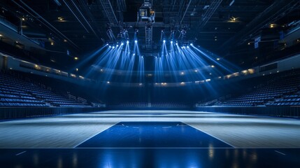 Empty indoor arena with stage lighting, blue seats, and polished wooden floor.