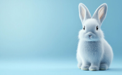 A fluffy white rabbit sitting gracefully against a pastel blue background with a soft, delicate appearance.