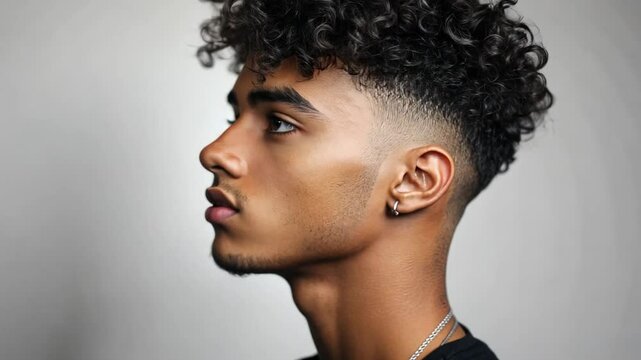 Man with Curly Hairstyle: A young man with a sharp and stylish fade haircut, featuring voluminous, textured curls, stares intensely into the distance.