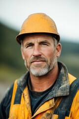 candid portrait of gold miner in rugged clothing reflecting determination and strength surrounded by natural elements